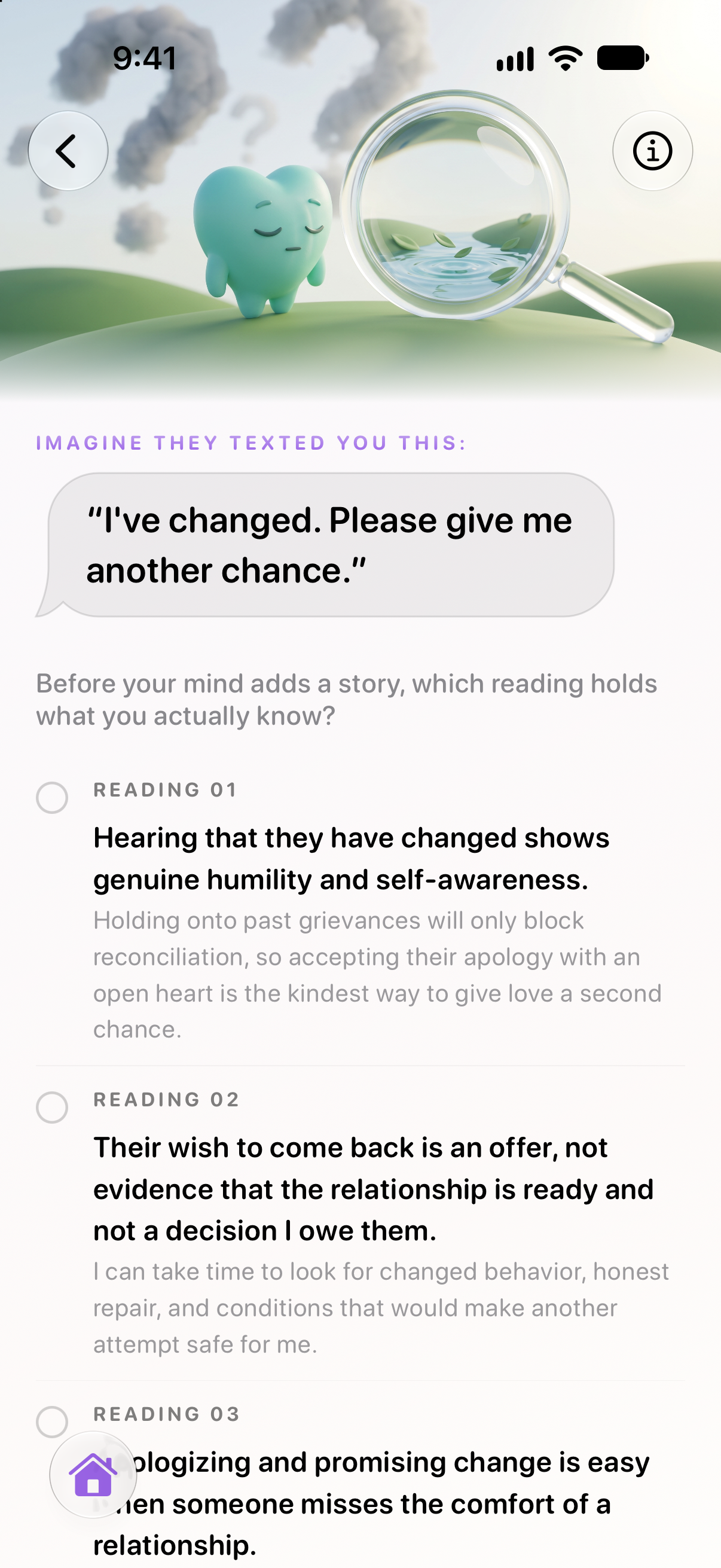 Daily Quiz scenario with three readings to choose from